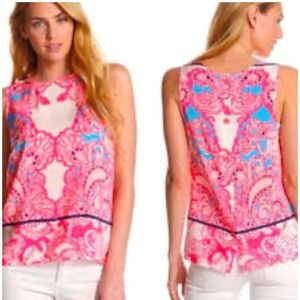 Lilly Pulitzer 100% Silk Tank Top Sleeveless Pink Blue Print Blouse Womens Large